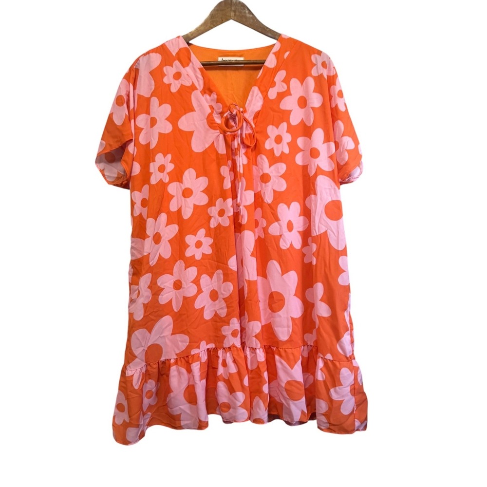 Impressions Mini Dress Womens L Orange Pink Excellent Floral Retro Ruffle Tie